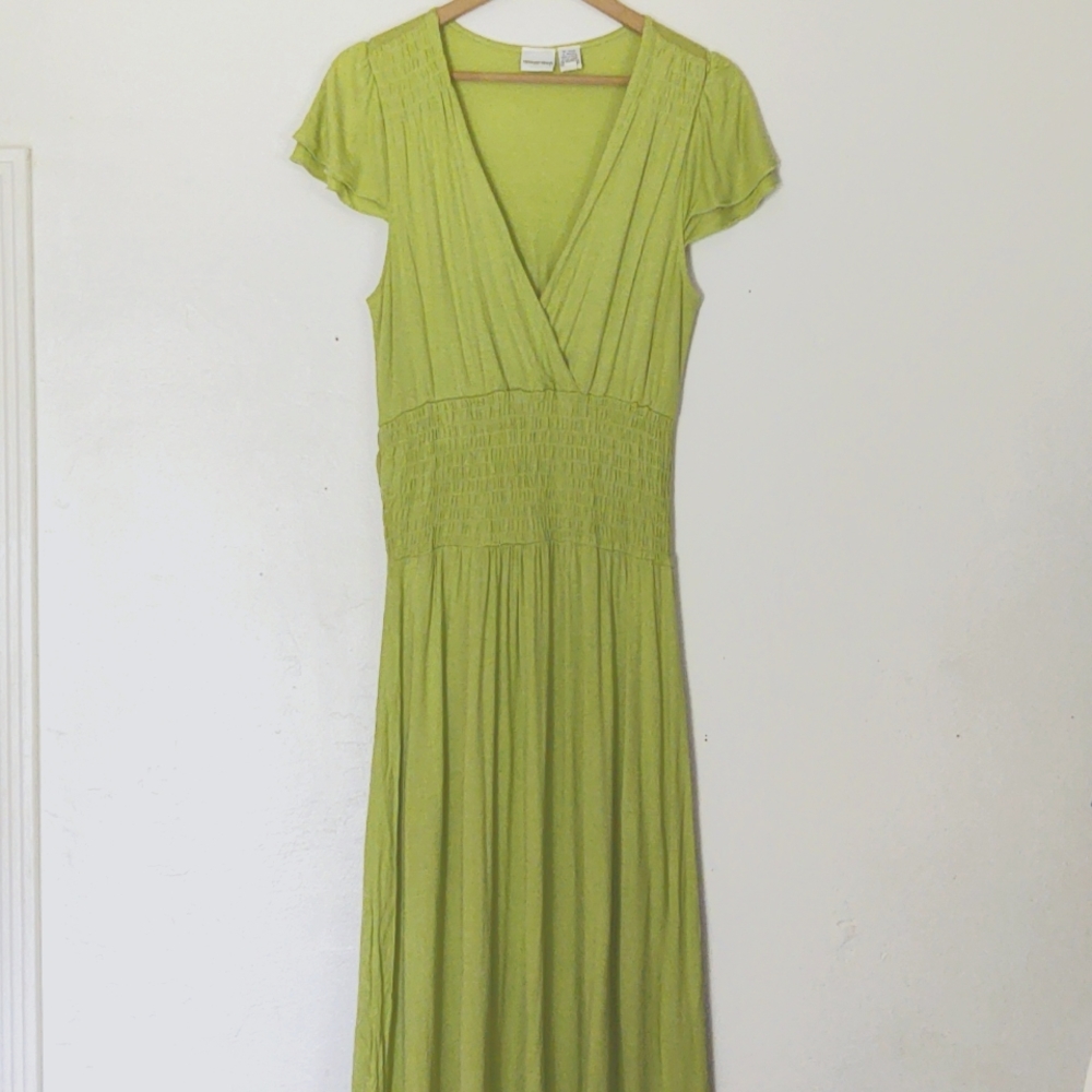 Newport News Faux Wrap Fit and Flare Lime Green Midi Dress sz Med Women's